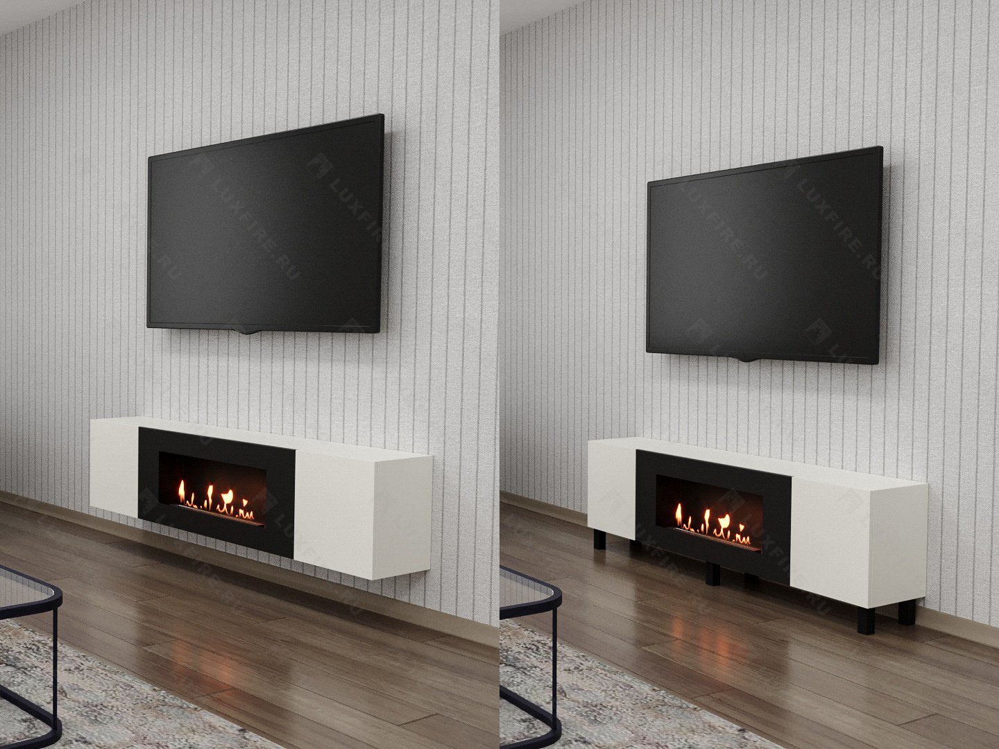 Тумба универсальная Lux Fire "Байкал Н" 1600, ножки, белый, с биокамином 900